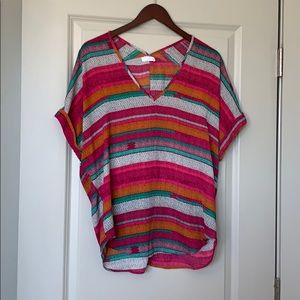 Multi colored silky short sleeved blouse